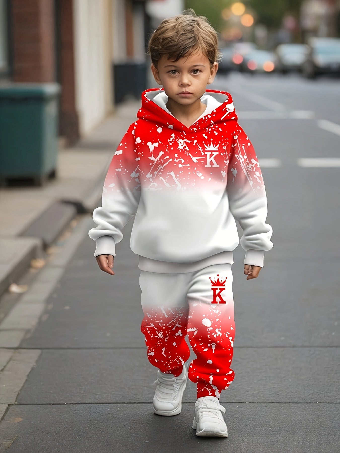 Boy  clothing   2pcs Set, Casual Crown Letter Printed Hoodie and Pants Outfit