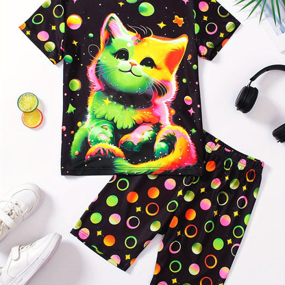 Girl clothing  2 Pcs Girl's Glow-in-the-dark Effect Cat Pattern Short T-Shirts & Shorts Pajama Set