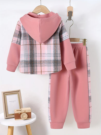 Girl clothing   Checkered Zip-Up Hooded Jacket with Matching Checkered Pants Set