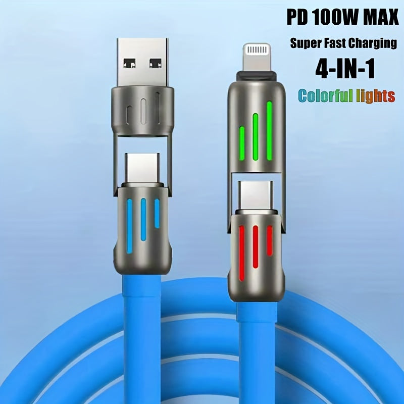 Mobile  Ultra-Fast 100W 4-in-1 USB-C Cable - PD Super Charging, Data Sync, Silicone Material, Multi-Port Charging