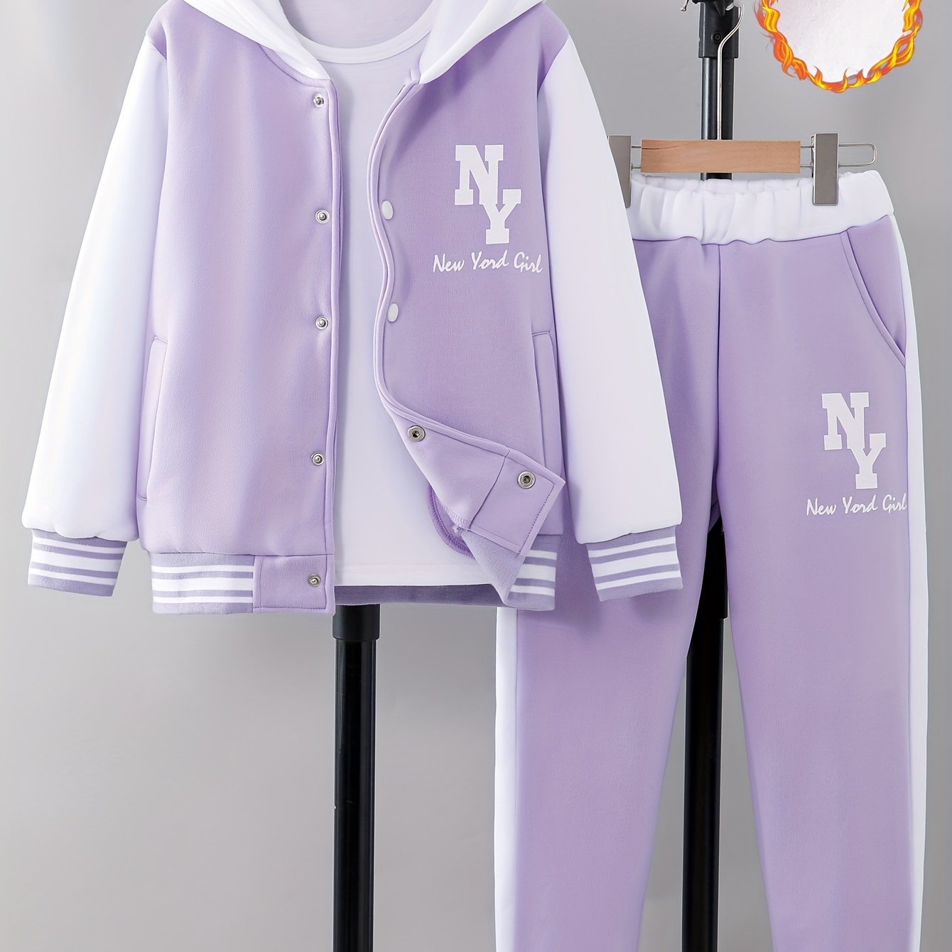 Girl clothing  'NY' Letter Print  Block Hooded Varsity Jacket + Sweatpants Set