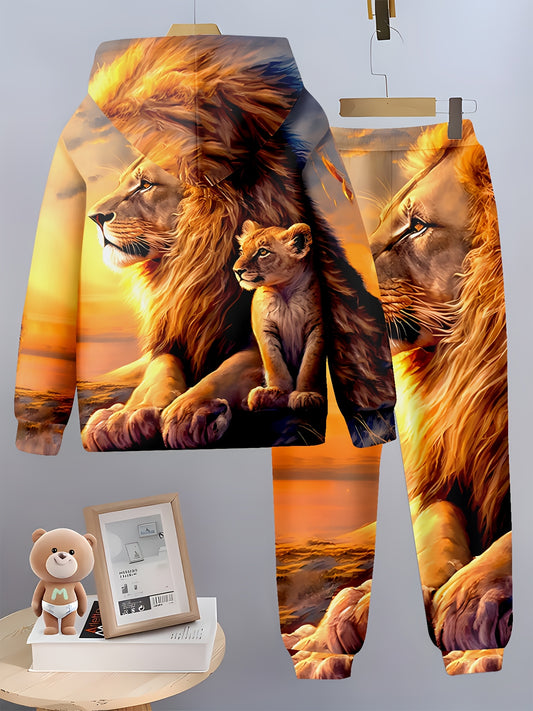 Boy  clothing  1set Boys' 3D Lion Print Hoodie and Sweatpants Set