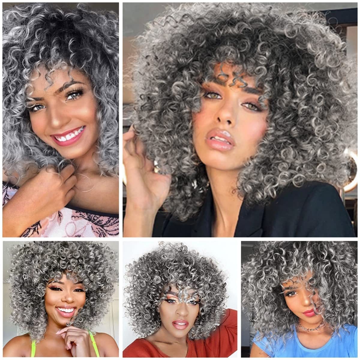 Elegant Afro Kinky Curly Gray Wig with Bangs – Breathable Rose Net Cap/Crown & Glory Wigs