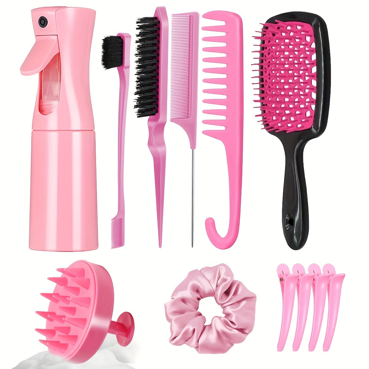 Style & Shine Hair  12pcs Hair Styling Set: Detangling & Teasing Brushes, Rat Tail Comb, Edge Control Brush, Silicone Scalp Massager Shampoo Brush with Spray Bottle - for All Hair Types