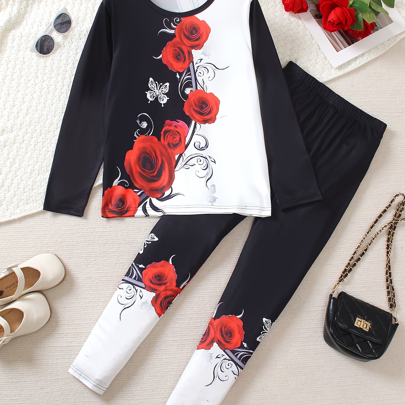 Girl clothing  G Floral Print Long Sleeve Tee & Slim-Fit Leggings Set