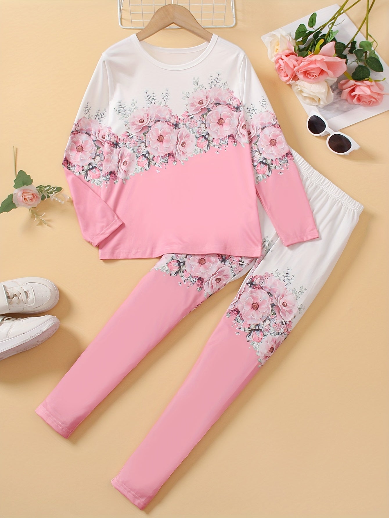 Girl clothing  G Floral Print Long Sleeve Tee & Slim-Fit Leggings Set