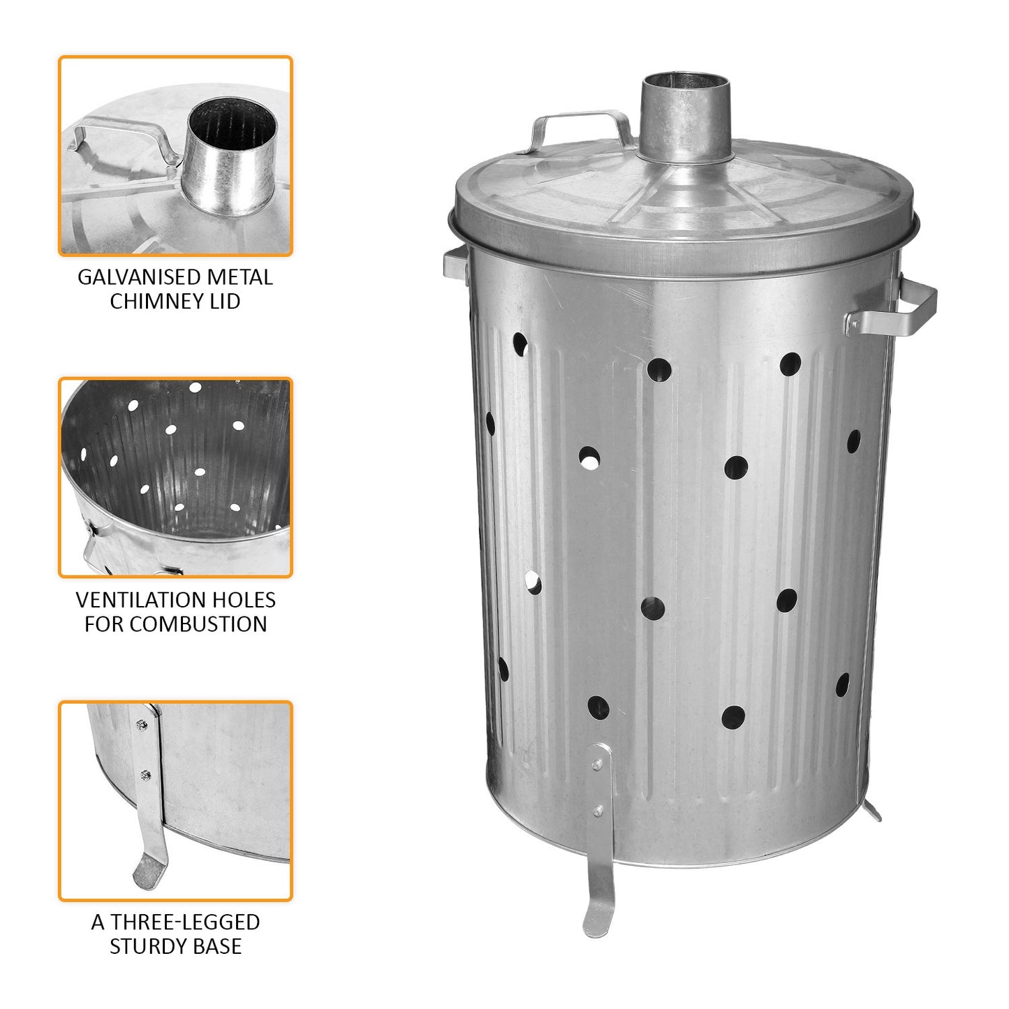 Outdoor  90 Litre Extra Large 90L Galvanised Metal Incinerator Recycle Garden Rubbish Fire Wood Burner Burning Leaves