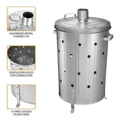 Outdoor  90 Litre Extra Large 90L Galvanised Metal Incinerator Recycle Garden Rubbish Fire Wood Burner Burning Leaves