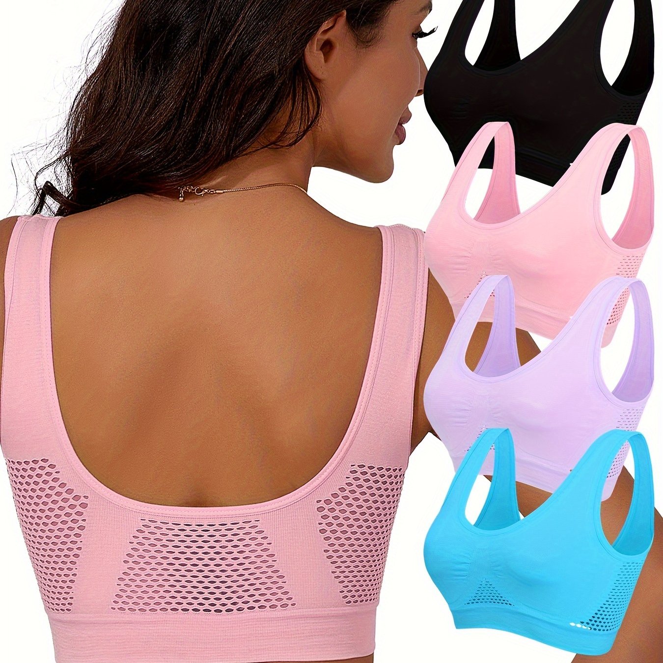 Woman clothing  4pcs Breathable High-Support Women's Sports Bras - No-Wire Design with Hollow-Out Detail for Running & Yoga