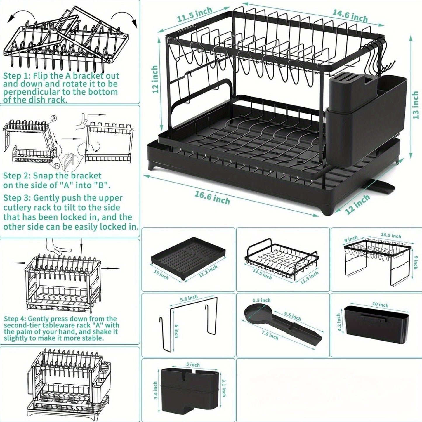 Kitchen   2-Tier Stainless Steel Dish Drying Rack with Rotatable Drainage System, Adjustable Dish Drainer, Utensil Holder, and Cup Rack for Kitchen Counter