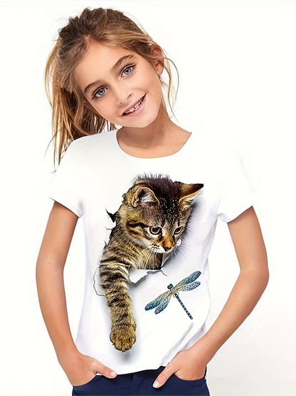 Girl clothing  Cat & Dragonfly Graphic Short Sleeve T-shirt