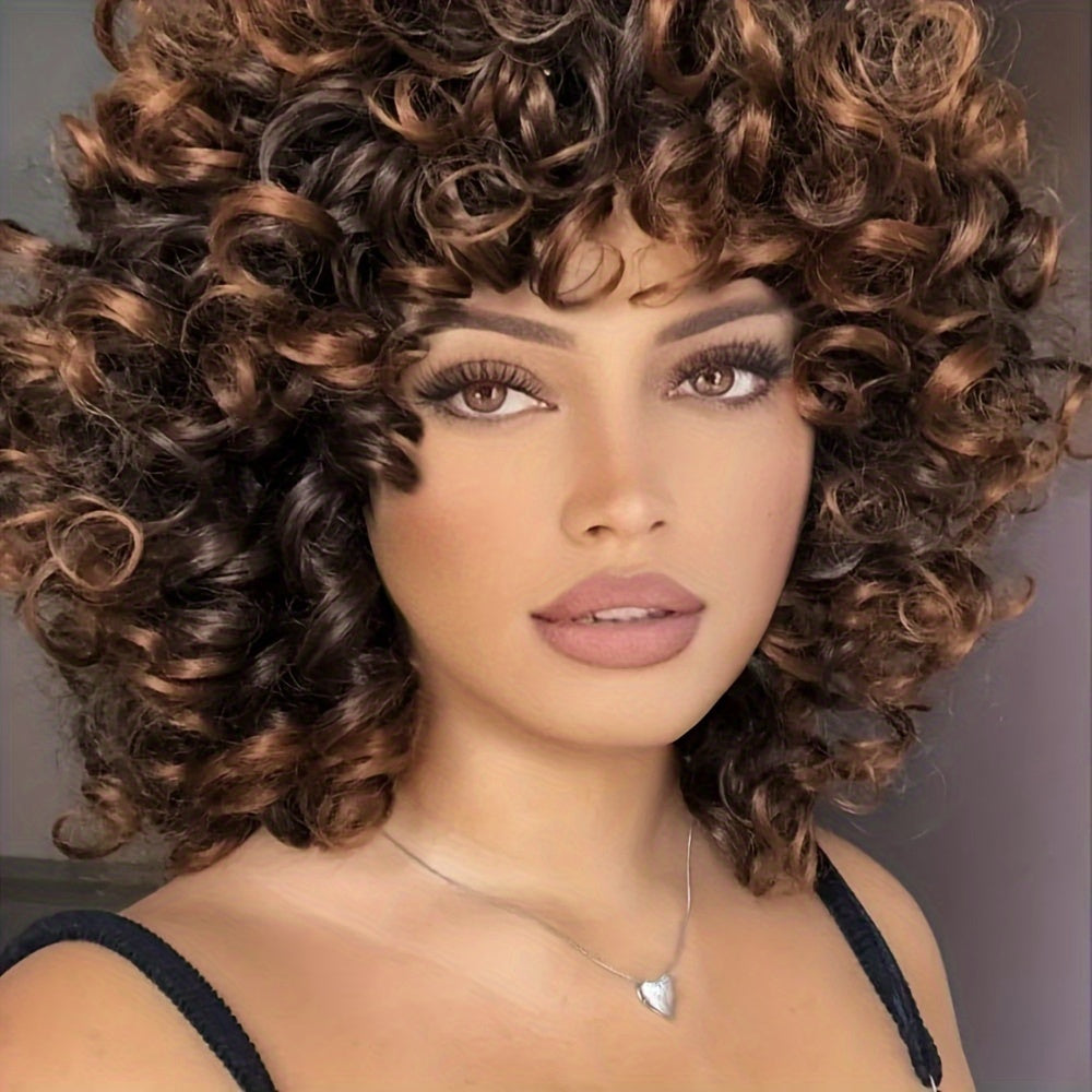 Crown & Glory Wigs Short Afro Curly Wig With Bangs for Women Synthetic Wigs for Women 10 inch