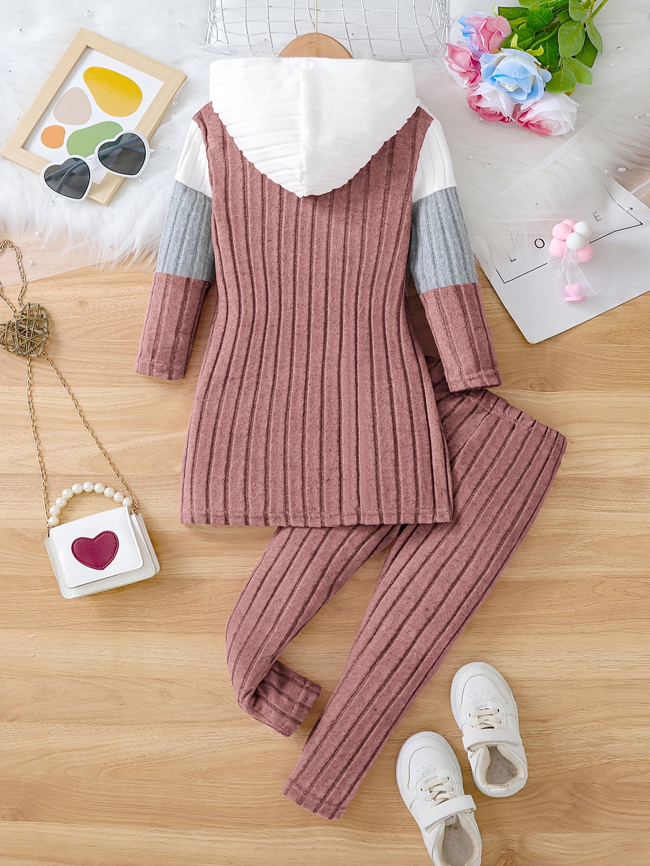 Girl clothing  2pcs Set, Spring/Fall Knitted Casual Outfit, Color Block Long Sleeve Hooded Pullover and Long Pants