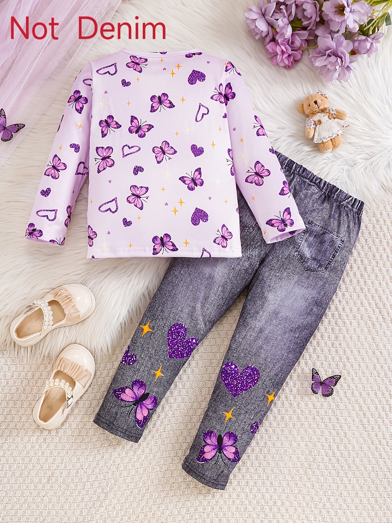 Girl clothing  2pcs Cute Bear and Sun Butterfly Heart Print Long Sleeve Top and Denim Pants Set