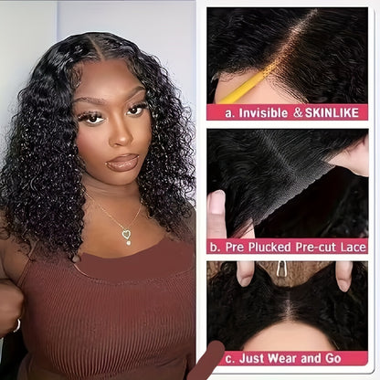 Crown & Glory Wigs  Glue less Wigs Human Hair Pre Plucked Pre Cut Curly Put On And Go None Lace Curly Wig For Women 4x4 HD Lace Closure Wig