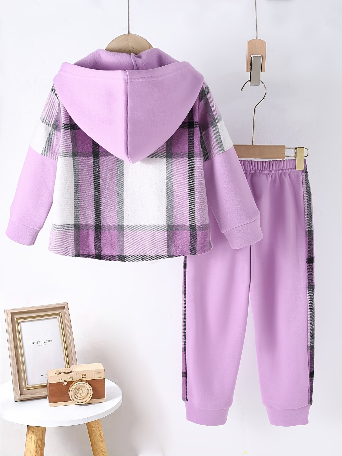 Girl clothing   Checkered Zip-Up Hooded Jacket with Matching Checkered Pants Set