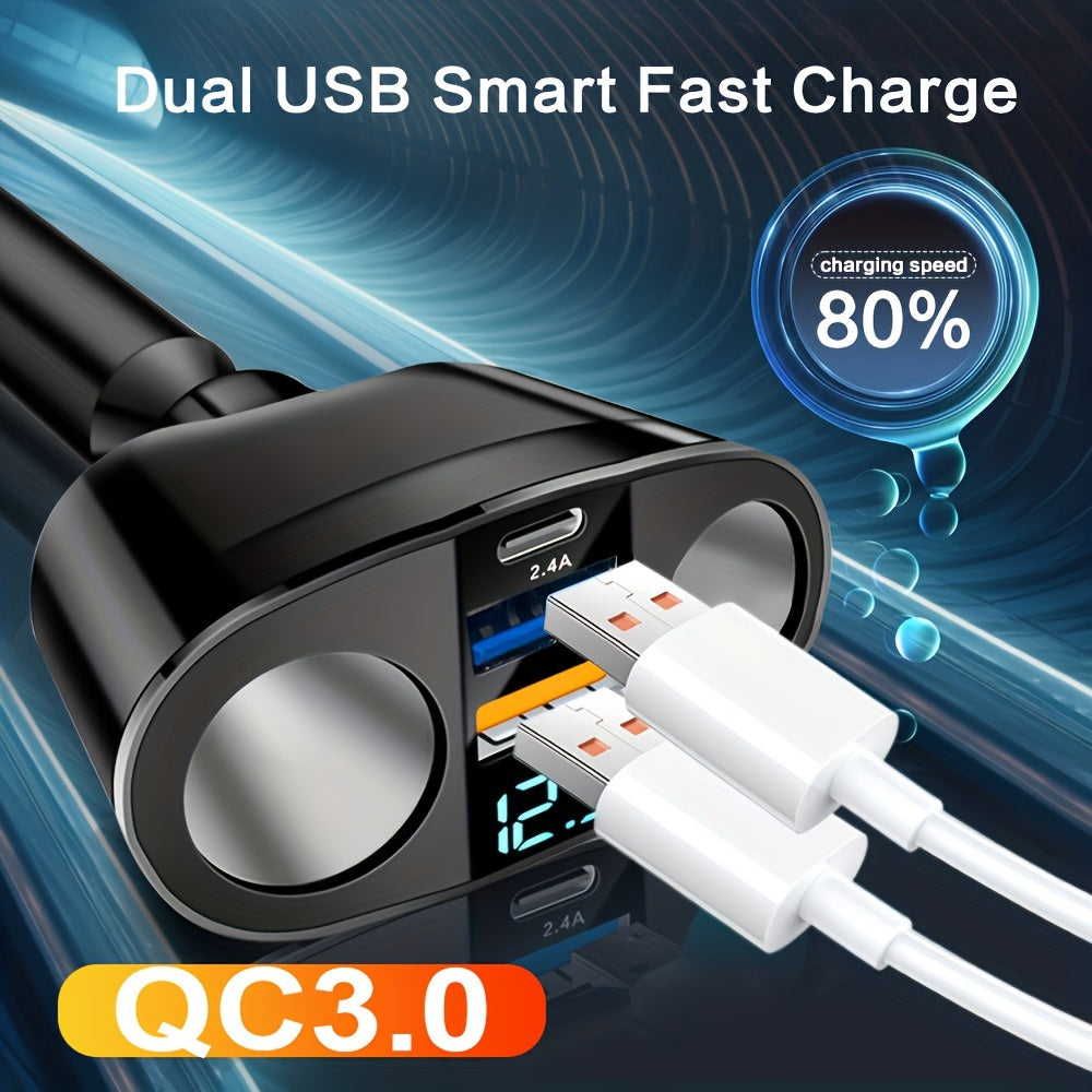 Car ANNJIATUU Dual USB & Type-C Car Charger with Digital Display, , Multifunctional Expansion, Universal Compatibility, Female to Male Connector, Car Plug Power Mode, ≤36V Operating