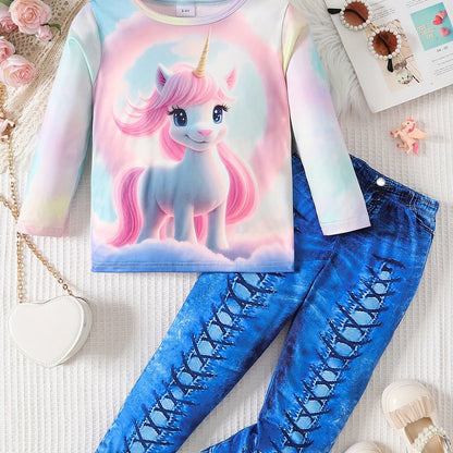 Girl clothing  2pcs Girls Unicorn Graphic Pullover + Faux Denim Print Pants Set