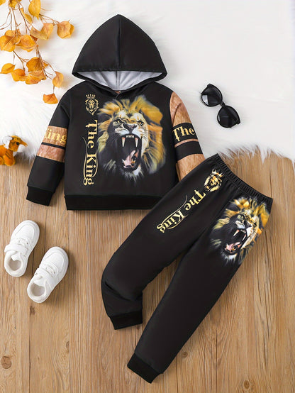 Boy clothing 1 Set Boys' 3D Lion Graphic Hooded Sweatshirt and Jogger Pants