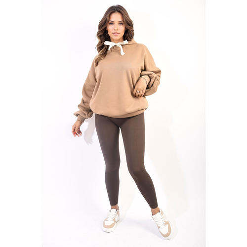 Woman clothing   Oversized Ruched Sleeves Knitted Hoodie with Ribbon Detail