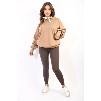 Woman clothing   Oversized Ruched Sleeves Knitted Hoodie with Ribbon Detail